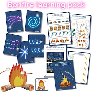 May include: Educational pack with a bonfire theme, featuring flashcards with neon designs and activity sheets for counting, colour matching, and finding differences. A 3D bonfire model with marshmallows on sticks is also included.
