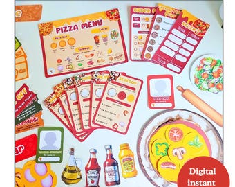 May include: A pizza-themed dramatic play set with a pizza menu, order forms, and ingredient cards. Includes a toy pizza with toppings, sauce bottles, and a rolling pin. The set is designed for children's imaginative play.