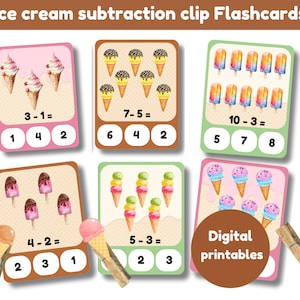 Cartões flash de clipe de subtração de sorvete | cartões de matemática | um conjunto de 10 cartas | Imprimíveis digitais