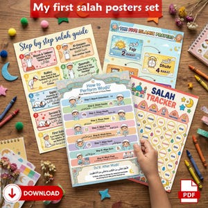 Puede incluir: Un conjunto de coloridos carteles educativos para la oración islámica, con guías para realizar el Wudu y la Salah. Los carteles incluyen instrucciones paso a paso, rastreadores de oración e ilustraciones. El texto "My first salah posters set" está en la parte superior.