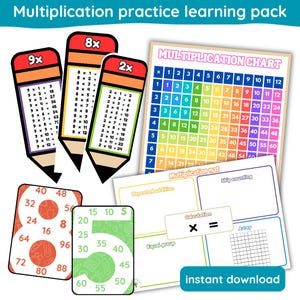 Könnte beinhalten: Eine Sammlung von Lernmaterialien zur Multiplikation. Enthält stiftförmige Karteikarten mit Multiplikationstabellen, eine Multiplikationstabelle und Arbeitsblätter für wiederholte Addition, Zählen in Schritten und Arrays. Die Wörter "Multiplication practice learning pack" und "instant download" sind sichtbar.