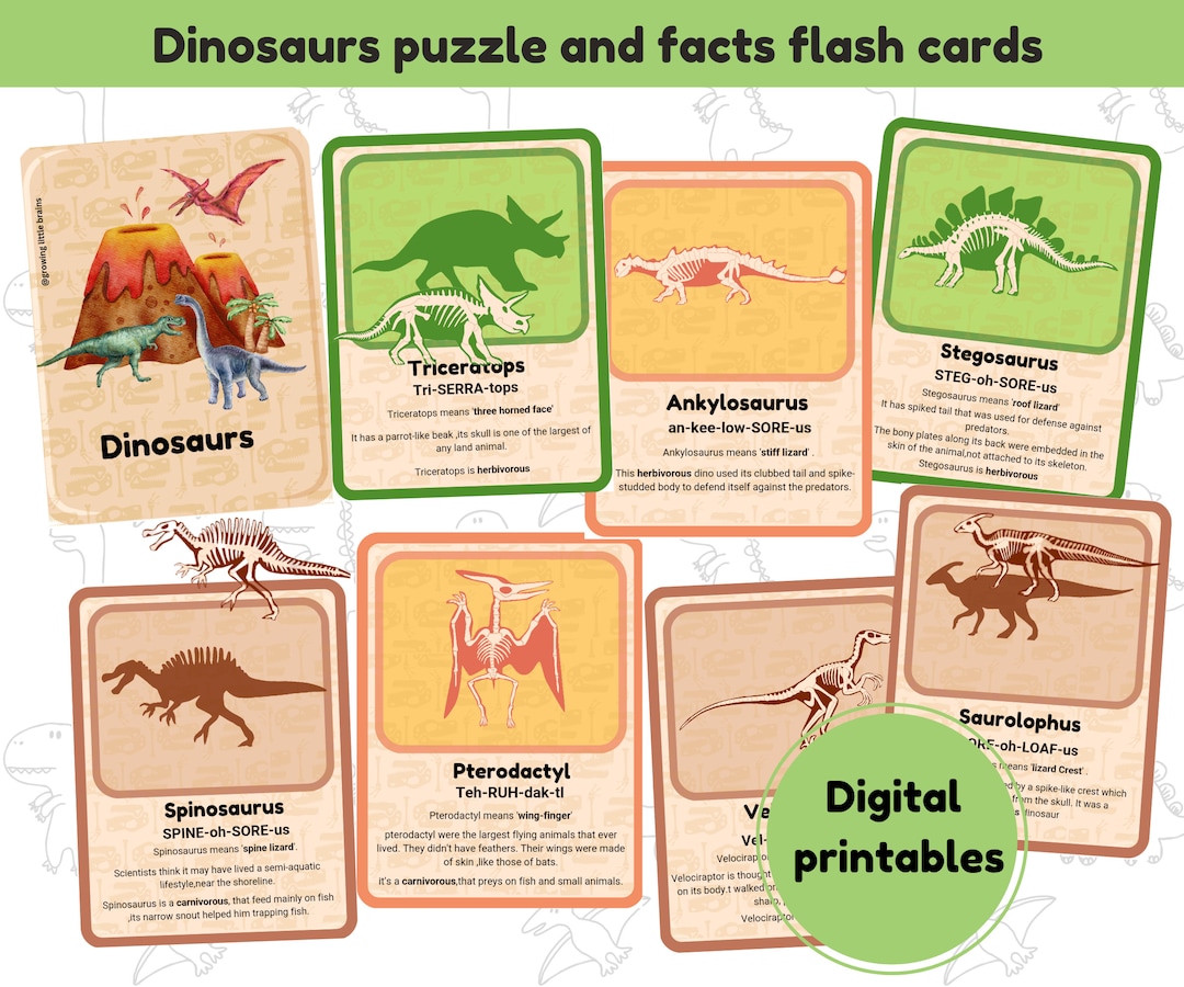 Dinosaurs Puzzle and Facts Flashcards | 20 Dinosaurs Flashcards ...