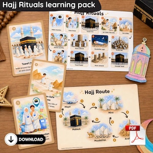 Peut inclure: Un ensemble pédagogique sur les rituels du Hajj. L'image présente des cartes illustrées et une carte avec le texte "Hajj Rituals" et "Hajj Route". Les cartes illustrent les étapes du Hajj, y compris Tawaf et le voyage vers Mina et Arafat.