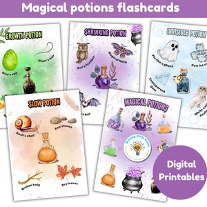 May include: A set of 5 printable flashcards featuring magical potions with illustrations of ingredients and potion names. The names of the potions are: Growth Potion, Shrinking Potion, Invisible Potion, Slow Potion, and Magical Potions.