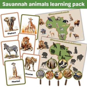 Savannah animals learning pack | set of 18 flashcards | pattern match activity | shadow match activity | digital | instant download