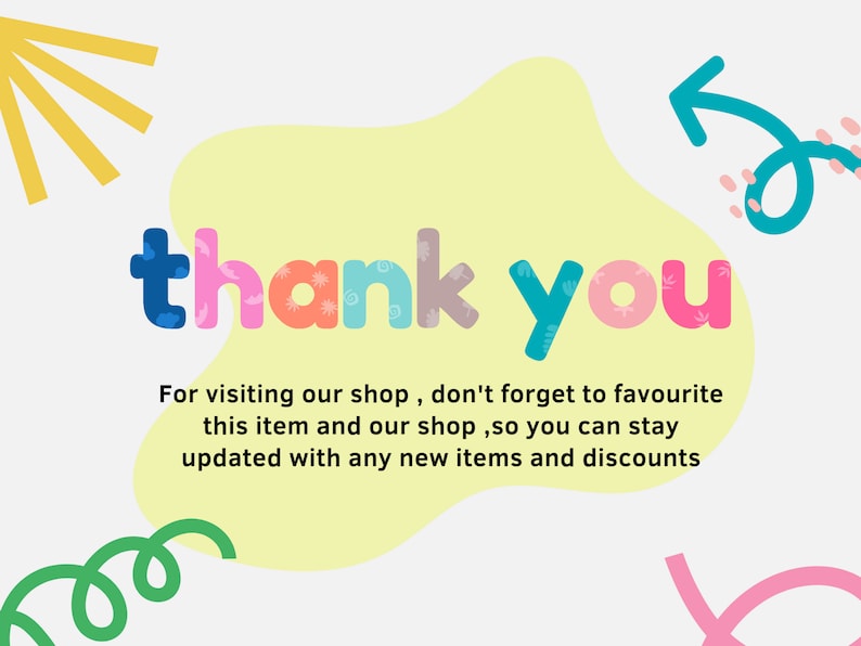 Op de afbeelding: Een gele en witte abstracte achtergrond met de tekst "thank you" in kleurrijke letters. De tekst wordt gevolgd door een bericht: "Bedankt voor uw bezoek aan onze winkel. Vergeet niet om dit item en onze winkel aan uw favorieten toe te voegen, zodat u op de hoogte blijft van nieuwe items en kortingen."