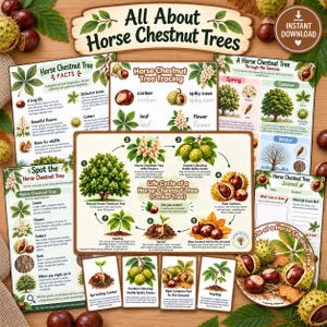Könnte beinhalten: Eine Sammlung von Lernmaterialien mit dem Titel All About Horse Chestnut Trees, die Diagramme zum Lebenszyklus, jahreszeitliche Veränderungen, Blatterkennung und eine Tagebuchseite enthalten, illustriert mit Zeichnungen von Kastanien.