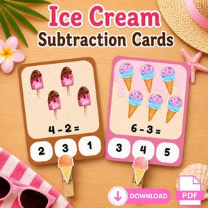 May include: Two rectangular educational subtraction cards featuring ice cream graphics. The left card shows four popsicles with the equation 4-2= and three circular options. The right card shows six ice cream cones with 6-3= and three circular options.