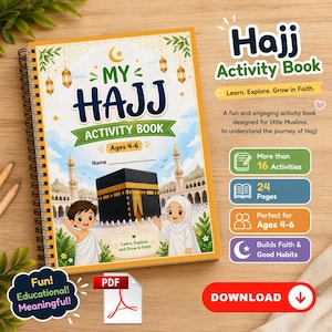 Op de afbeelding: Een spiraalgebonden "My Hajj Activity Book" met kleurrijke illustraties. De omslag toont de titel, een maan en afbeeldingen van de Kaaba en kinderen. Het boek is ontworpen voor kinderen van 4-6 jaar en bevat activiteiten.