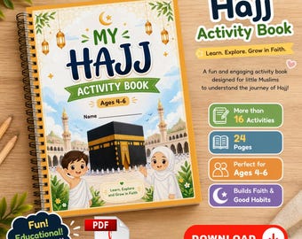 Hadj-activiteitenboek voor kinderen van 4-6 jaar | Islamitisch druk boek | Afdrukbare hadj-werkbladen | Leren over de hadj | digitale pdf | direct downloaden