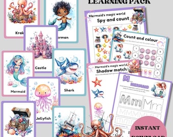 Mermaid's world learning pack | 16 flashcards | 10 activity sheets | mermaid | cutouts | digital printable