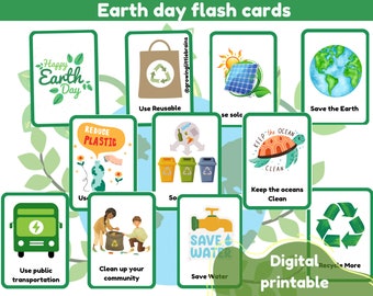 May include: A set of 10 Earth Day flash cards with green borders and illustrations. The cards feature phrases like "Happy Earth Day", "Use Reusable", "Save the Earth", "Keep the Oceans Clean", "Recycle More", "Save Water", "Clean Up Your Community", "Use Public Transportation", "Reduce Plastic", and "Use Solar".