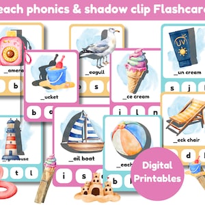 Matchs d'ombres sur la plage et cartes phoniques | un lot de 18 cartes mémoire et une couverture | phonétique | enseignement à domicile | montessori | impressions numériques