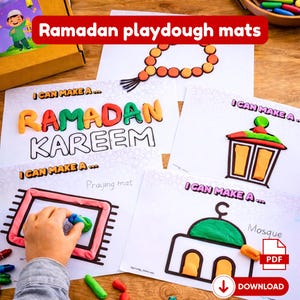 May include: Colorful Ramadan playdough mats with the words "Ramadan Kareem" in vibrant colors. The mats feature designs of a mosque, lantern, and prayer mat, with the text "I can make a..." and "Download PDF".