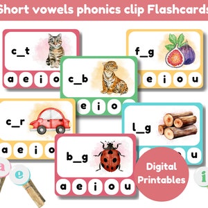Flashcards de fonética com vogais curtas | um conjunto de 16 flashcards mais capa | flashcards de fonética | imprimíveis digitais