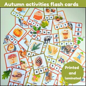 Flashcards d'activités d'automne | ombre des animaux des bois | ombres et effets sonores des feuilles et des graines | signes phoniques de l'automne | imprimé et plastifié