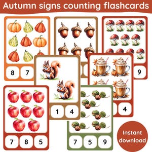 Può includere: Flashcard educative con illustrazioni a tema autunnale. Le carte mostrano zucche, ghiande, funghi, scoiattoli, mele, castagne e pumpkin spice latte. Sono visualizzati i numeri da 1 a 9. Il testo "Autumn signs counting flashcards" è in alto.
