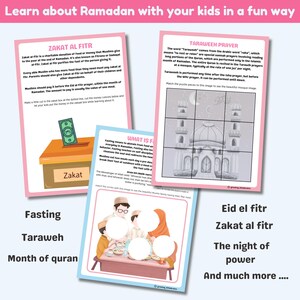 Op de afbeelding: Een kleurrijk, printbaar werkblad met illustraties en tekst over Ramadan. Het werkblad bevat informatie over vasten, Zakat al-Fitr, het Tarawih-gebed en de nacht van de macht. Het werkblad is ontworpen om kinderen op een leuke manier over Ramadan te leren.