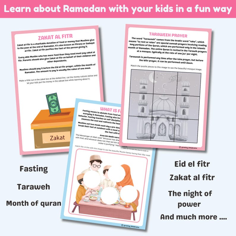 Op de afbeelding: Een kleurrijk, printbaar werkblad met illustraties en tekst over Ramadan. Het werkblad bevat informatie over vasten, Zakat al-Fitr, het Tarawih-gebed en de nacht van de macht. Het werkblad is ontworpen om kinderen op een leuke manier over Ramadan te leren.