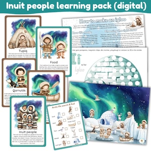 Op de afbeelding: Een digitaal leerpakket over de Inuit met illustraties van het Inuit-leven, waaronder een tupiq, qamutiik en voedselbronnen. Het pakket bevat instructies voor het bouwen van een iglo en een zoek- en vindspel over het Arctische leven.
