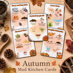 Può includere: Cinque schede ricetta rettangolari intitolate Berry and Bug Cake, Mudball Spaghetti, Acorn Soup, Chestnut Pizza e Pumpkin Muduccino. Ogni scheda presenta illustrazioni ad acquerello di ingredienti naturali e istruzioni per il gioco.