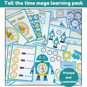 Méga pack d'apprentissage Donner l'heure | imprimés et plastifiés | lavable | puzzles | cartes mémoire à clip | horloge amusante pour apprendre un robot avec des aiguilles mobiles