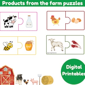 May include: A printable farm-themed puzzle activity for kids. Match the farm animals to their products: a cow with milk, a bee with honey, a chicken with eggs, and a lamb with meat.