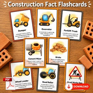 Cartões de memória com informações sobre canteiros de obras | Cartões de aprendizagem sobre veículos de construção | Material para imprimir para ensino domiciliar | Educação infantil | Impressão digital
