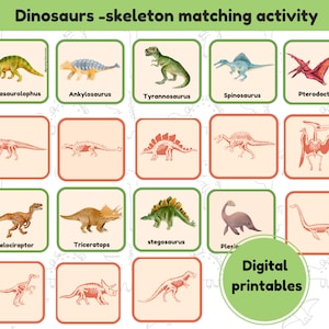 Attività di abbinamento scheletrici di dinosauri / Attività di apprendimento sui dinosauri / 18 carte / Stampabili digitali