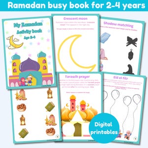 May include: A printable Ramadan activity book for children ages 2-4. The book features colorful illustrations of a mosque, crescent moon, dates, lanterns, and other Ramadan symbols. The book includes activities such as shadow matching, shape matching, and coloring.