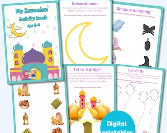 May include: A printable Ramadan activity book for children ages 2-4. The book features colorful illustrations of a mosque, crescent moon, dates, lanterns, and other Ramadan symbols. The book includes activities such as shadow matching, shape matching, and coloring.