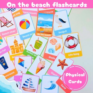 Op het strand-flashcards | zomerkaarten met prachtige aquarelillustraties | bedrukt en gelamineerd | fysieke kaarten