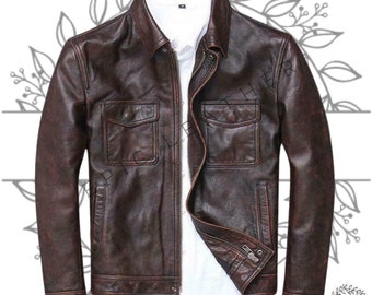 Blouson moto en cuir de vache marron vintage slim fit fait main pour homme | Blouson motard en cuir marron effet vieilli pour homme