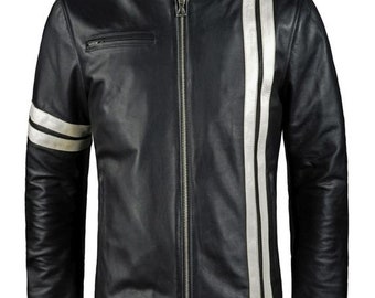 Blouson moto noir en cuir coupe slim pour homme | Blouson motard en cuir noir fait main pour homme