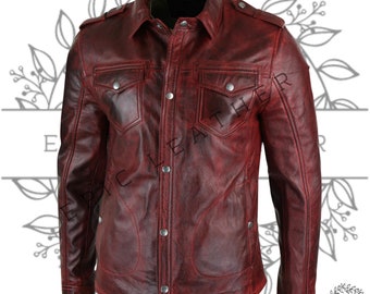 Blouson moto en cuir de style vintage pour homme, café racer, rouge bordeaux, motard | Veste en cuir rouge vintage pour homme