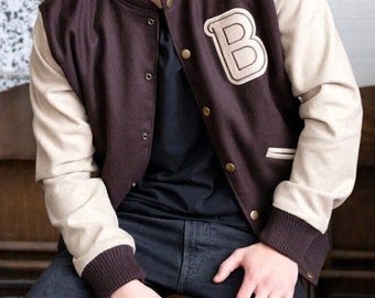 Handgefertigte Baseball-braune Wolljacke für Herren | Braune Varsity-Letterman-Jacke in schmaler Passform für Herren | Braune Herren-Bomberjacke aus Wolle mit B-Logo