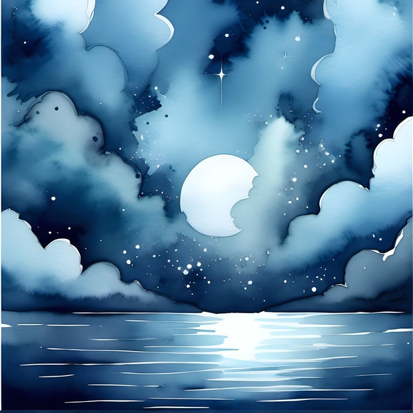 Cloudy Night Sky Over Calm Water Poster for Nursery / Kids Room / Digital File / Print