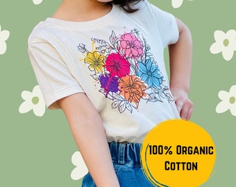 Kinder T-shirt, T-shirt met bloemenpatroon, T-shirt met lentebloemen, Eco-verantwoordelijk, ultrazacht T-shirt, Geschenken, 100% biologisch katoen, Schilderij,