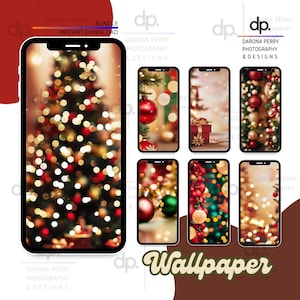 May include: A collection of Christmas-themed phone wallpapers. The main image shows a Christmas tree with blurred lights. Additional images feature ornaments, gifts, and festive bokeh effects. The word "Wallpaper" is displayed.