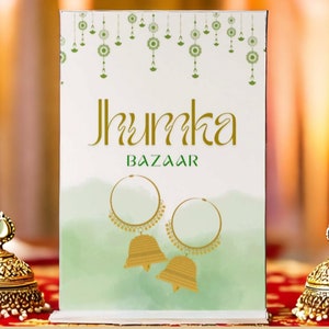 Placa de carrinho de bar com brincos Jhumka | Cartaz de lembrancinha de bazar de joias | Placa de casamento bengali indiana | Download de placa de hena Mehendi Holud Haldi