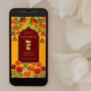 May include: A digital invitation for a Gaye Holud celebration with a floral design featuring marigolds and lanterns. The invitation is for Keya and Raj and includes the date, time, and location of the event.