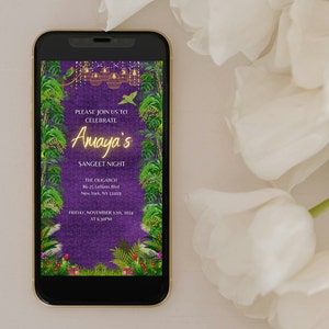 May include: A smartphone displays a digital invitation for Amaya's Sangeet Night. The design features a purple textured background with lush green foliage framing the text. The invitation includes event details and date.
