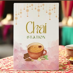 Sinal da estação Chai | mesa de centro do chá pôster | Comida de evento indiano bengali para casamento Desi | Mehendi Gaye Holud Haldi Henna | Customizável