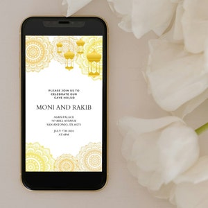 May include: A digital invitation with a gold and white mandala design. The text reads "Please join us to celebrate our Gaye Holud, Moni and Rakib, Agra Palace, 727 Bell Avenue, San Antonio, TX 48273, July 7th 2024 at 6PM."
