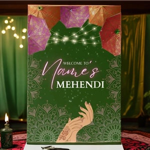 Puede incluir: Un cartel de bienvenida verde con un diseño de mandala rosa y blanco. El cartel dice "Bienvenido a Name's Mehendi" con un diseño de mano rosa y blanco en el centro.
