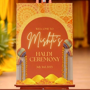 Letrero de bienvenida Gaye Holud naranja y amarillo / Ceremonia de cúrcuma Haldi / Boda bengalí india pakistaní Mehendi Henna Dholki Mayoun personalizable