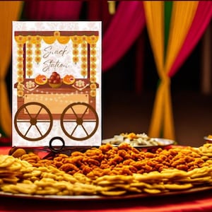 インディアンスナック駅看板サモサカートサイン | Gol Gappe Fuchka カートサイン |インドのベンガル人の結婚式 |ゲイ ホルド メヘンディ ハルディ |カスタマイズ可能