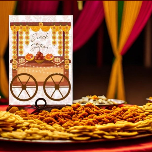 Indian Snacks Station Sign | Samosa Cart Sign | Gol Gappe Fuchka Cart Sign | Indian Bengali Wedding | Gaye Holud Mehendi Haldi |Customizable