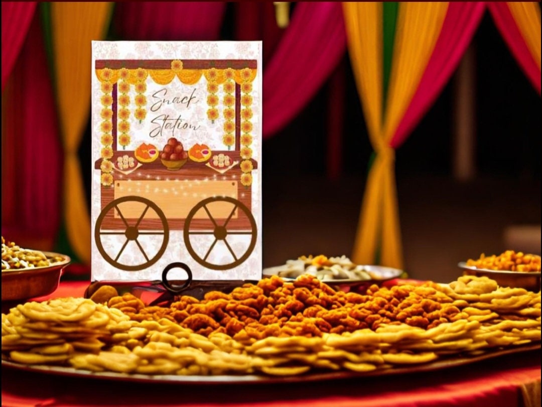 Indian Snacks Station Sign | Samosa Cart Sign | Gol Gappe Fuchka Cart Sign | Indian Bengali Wedding | Gaye Holud Mehendi Haldi |Customizable