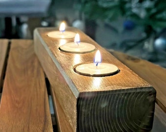 Wooden Candle Holder Handmade, Tea Light Holder, Rustic Finish, Includes Candles
